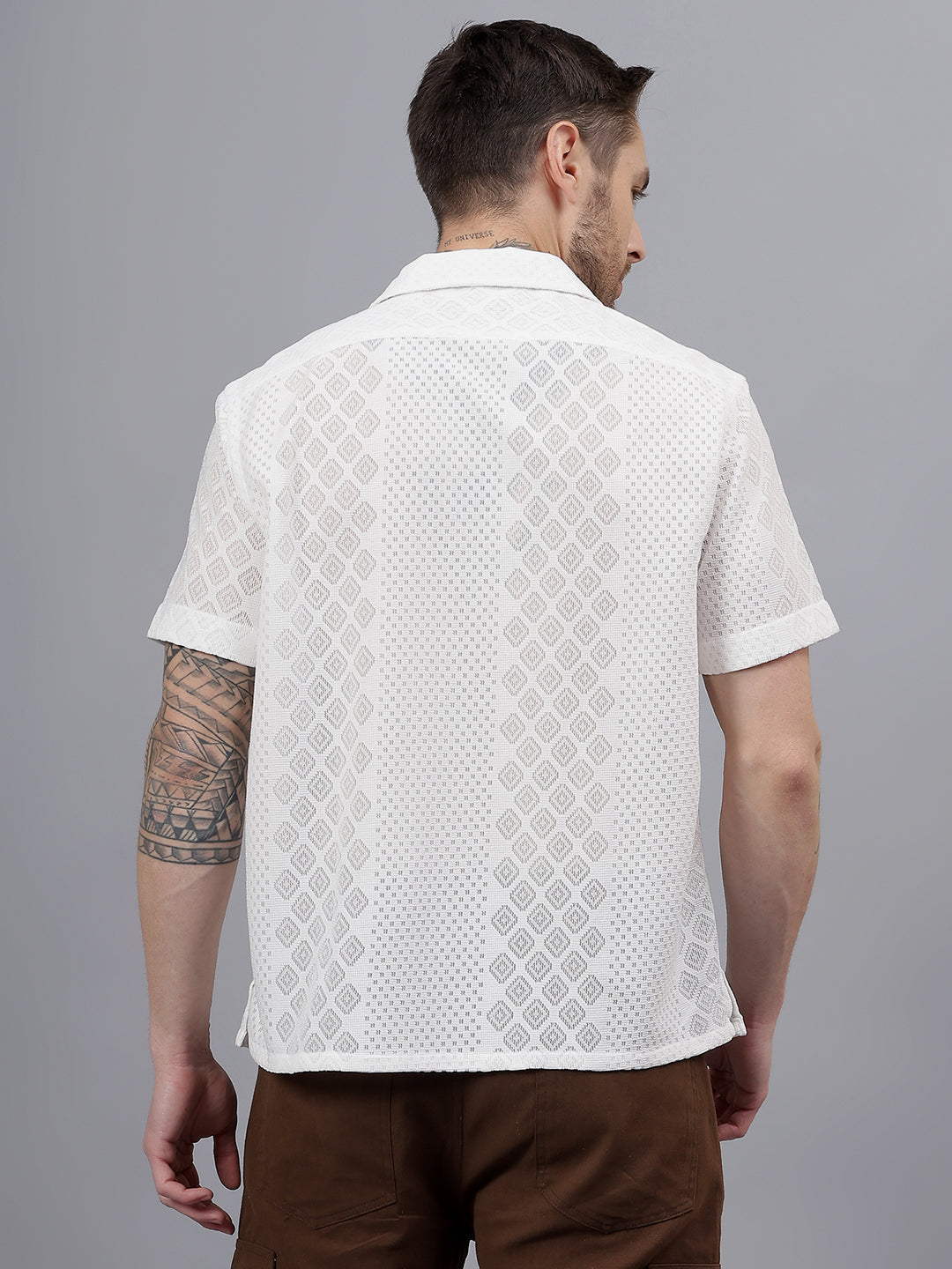Geo Lace Half Sleeve White Trending Men's Wear Casual Shirt