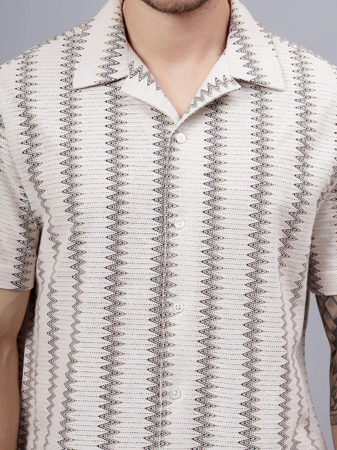 Cotton Crochet Half Sleeve Muliticolor Zig Zag Trending Men's Wear Casual Shirt