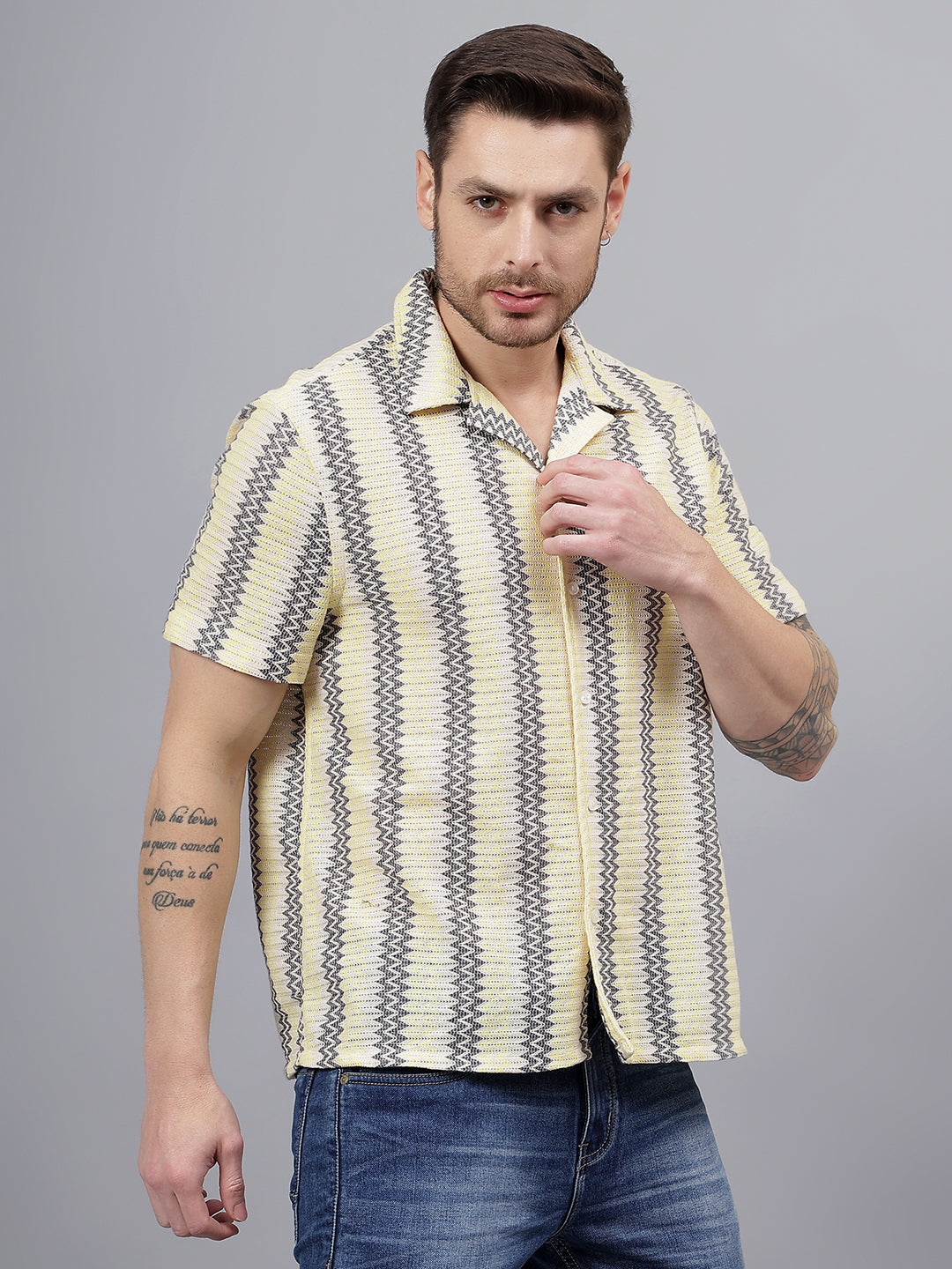 Cotton Crochet Half Sleeve Muliticolor Zig Zag Trending Men's Wear Casual Shirt