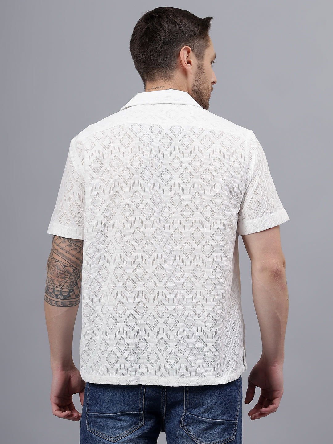 Geo Allover Half Sleeve White Trending Men's Wear casual Shirt