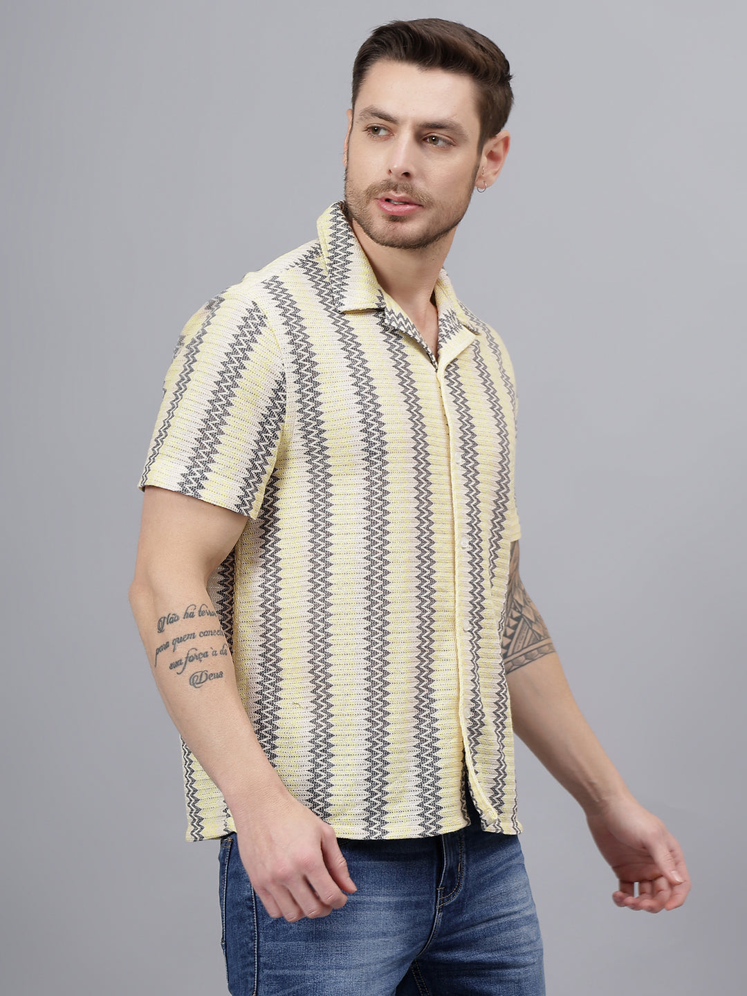 Cotton Crochet Half Sleeve Muliticolor Zig Zag Trending Men's Wear Casual Shirt
