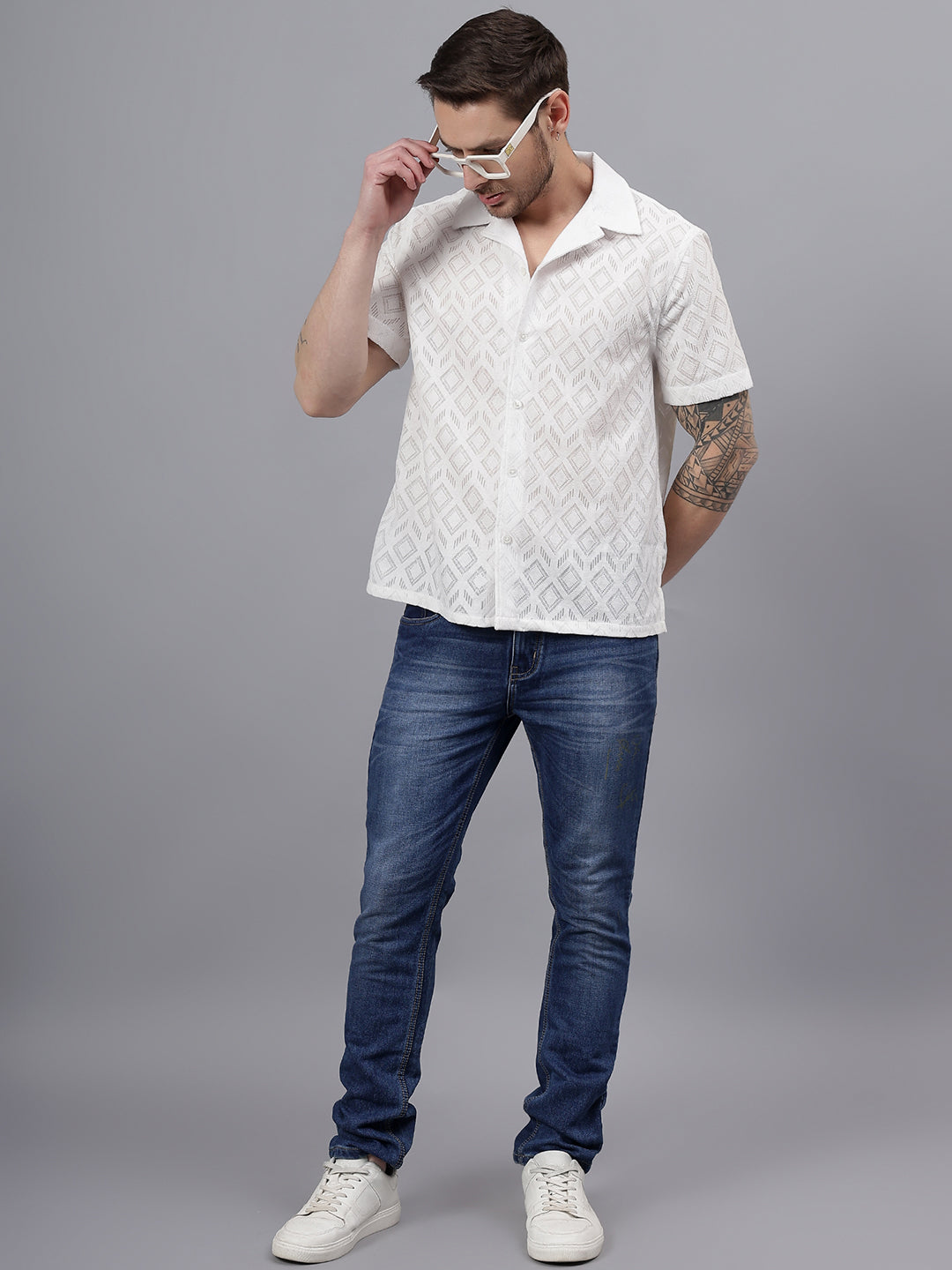 Geo Allover Half Sleeve White Trending Men's Wear casual Shirt