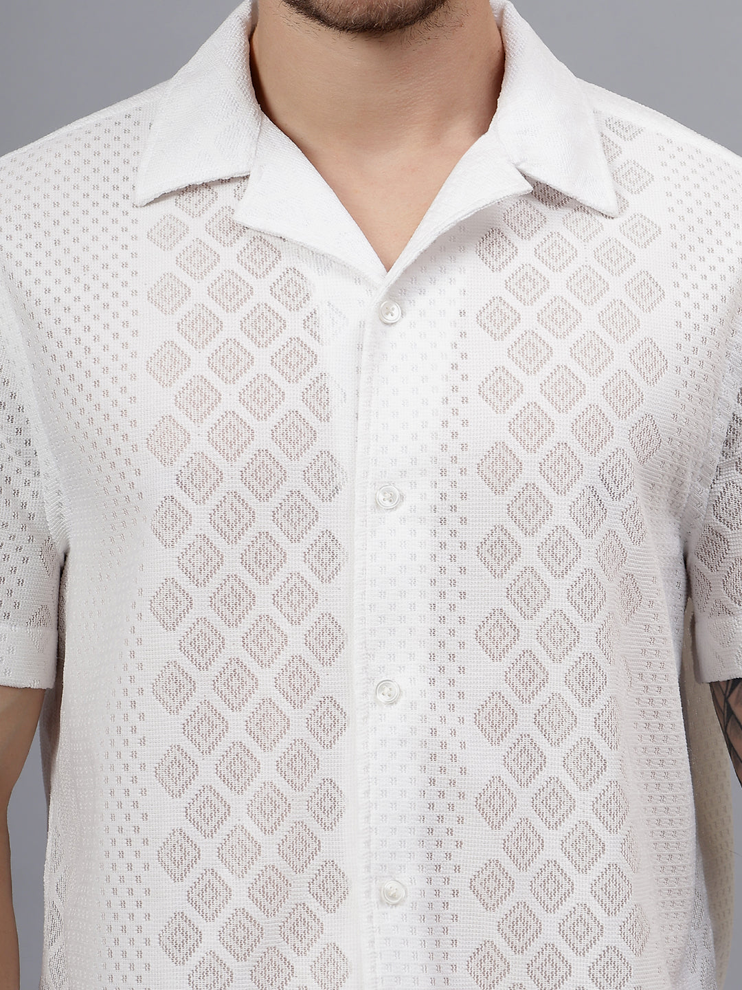 Geo Lace Half Sleeve White Trending Men's Wear Casual Shirt