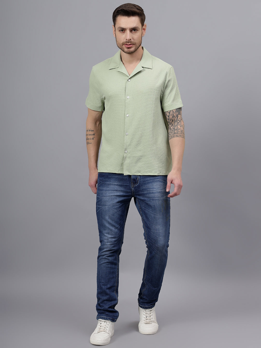 Crushed Texture Half Sleeve Green Trending Men's Wear Shirt
