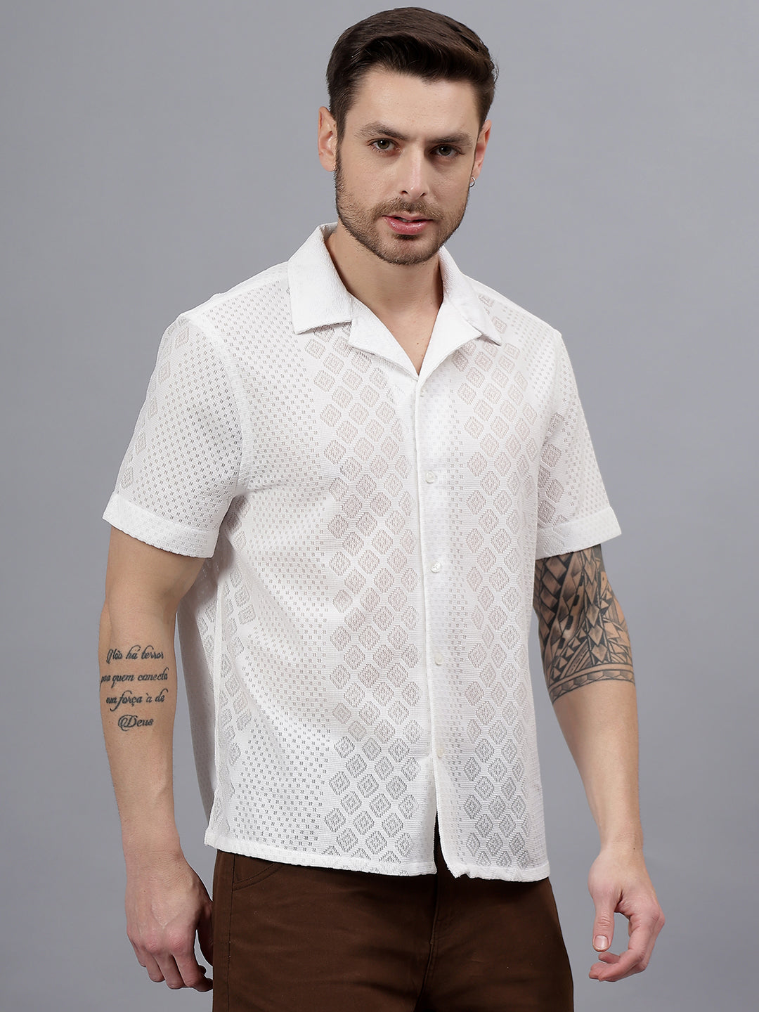 Geo Lace Half Sleeve White Trending Men's Wear Casual Shirt