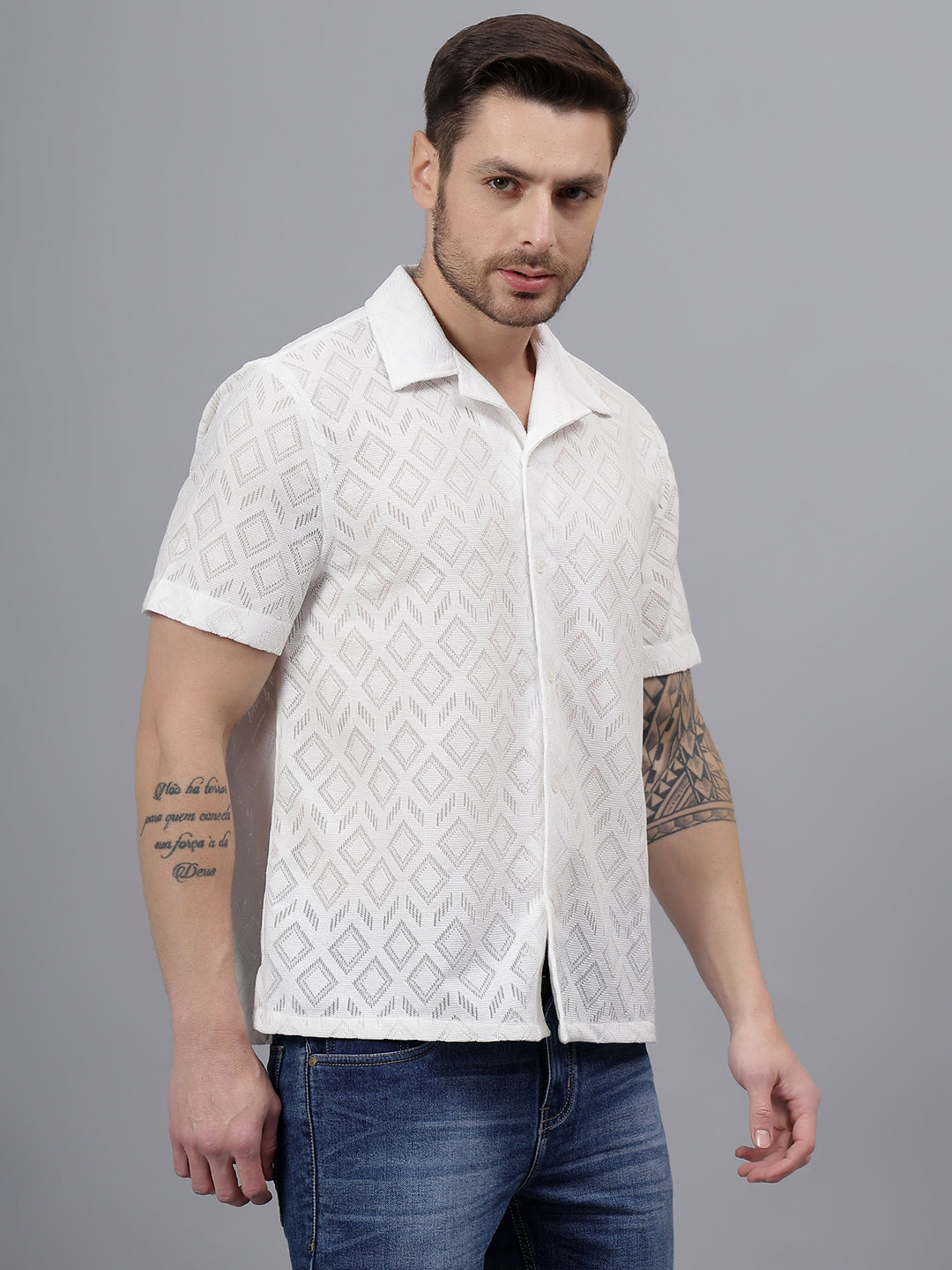 Geo Allover Half Sleeve White Trending Men's Wear casual Shirt