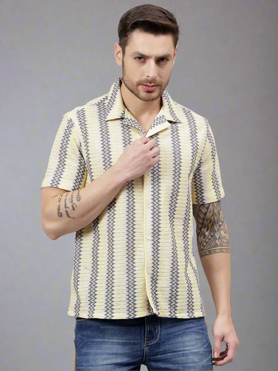 Cotton Crochet Half Sleeve Muliticolor Zig Zag Trending Men's Wear Casual Shirt