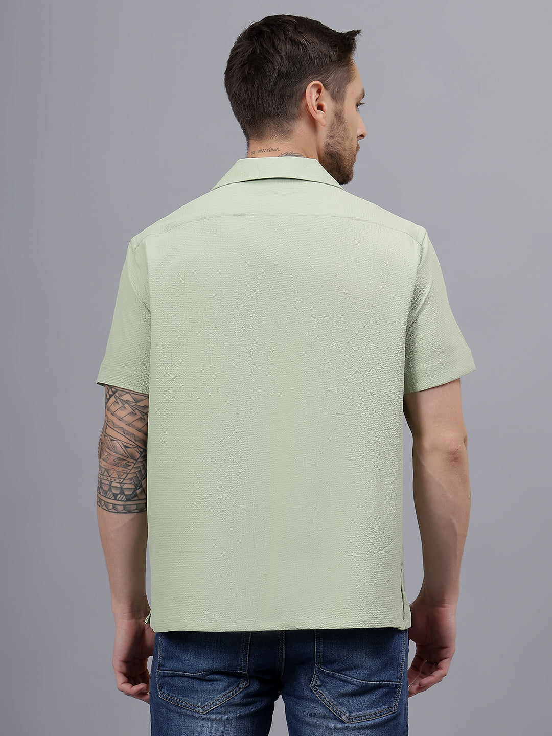 Crushed Texture Half Sleeve Green Trending Men's Wear Shirt