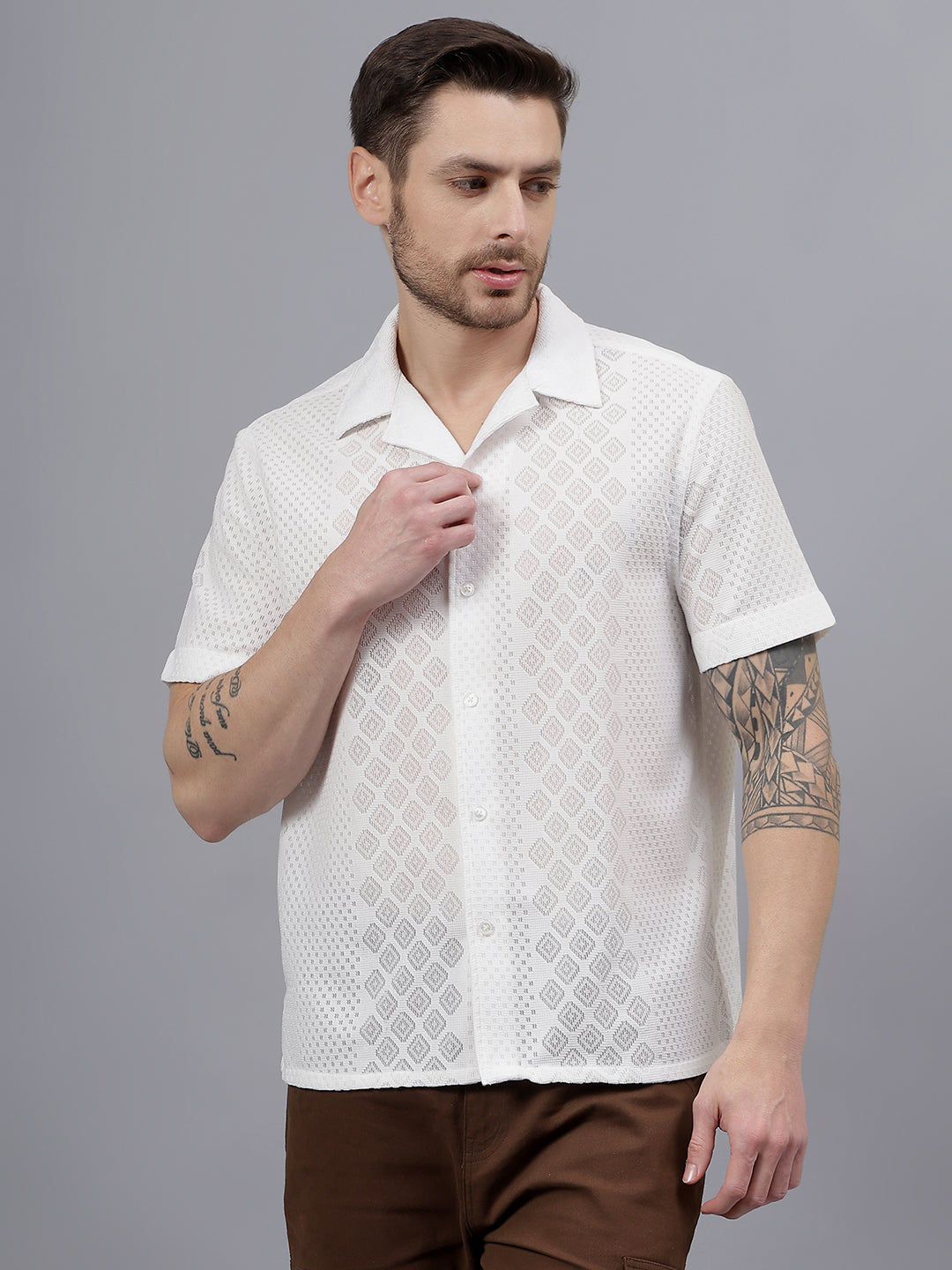 Geo Lace Half Sleeve White Trending Men's Wear Casual Shirt
