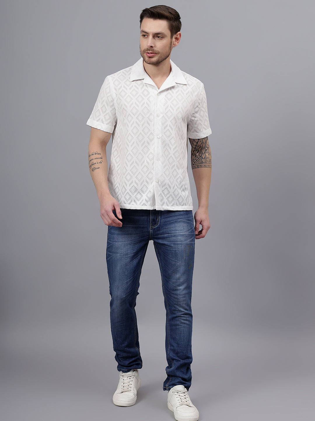 Geo Allover Half Sleeve White Trending Men's Wear casual Shirt