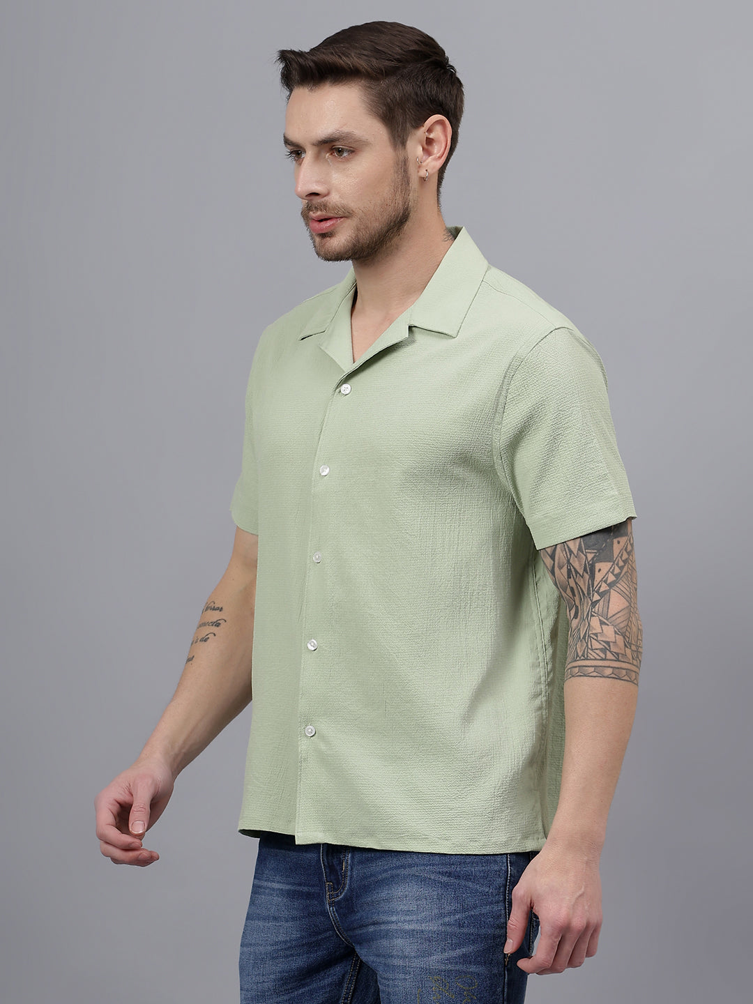 Crushed Texture Half Sleeve Green Trending Men's Wear Shirt