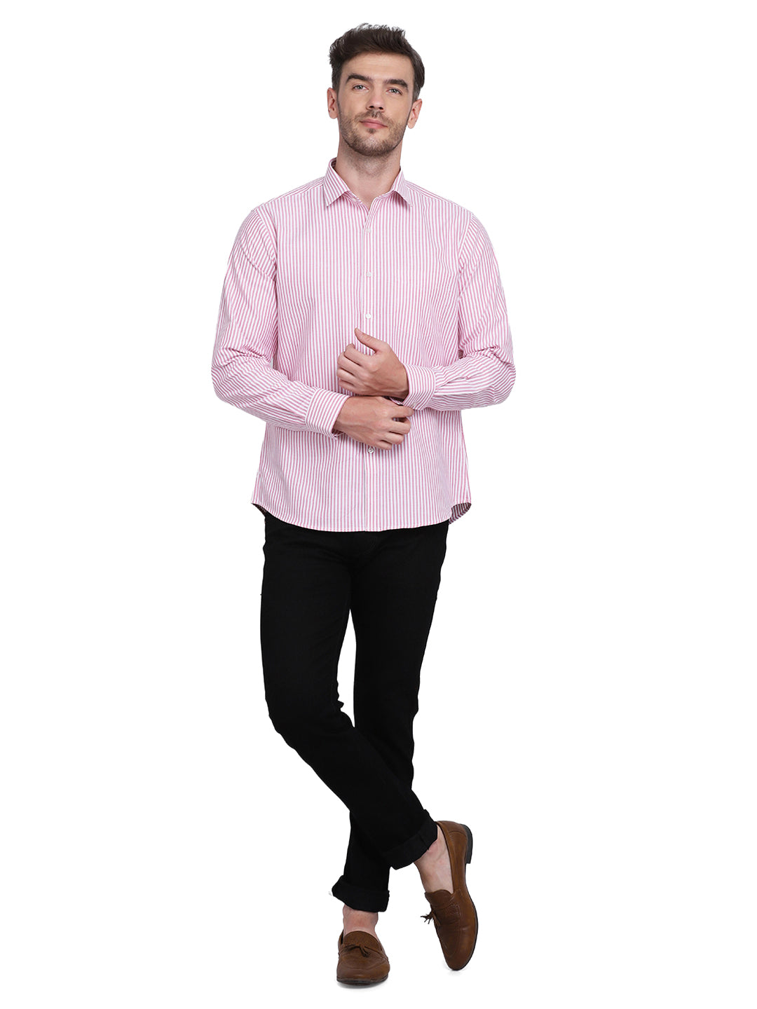 Cotton oxford Casual pink & white striped Shirt