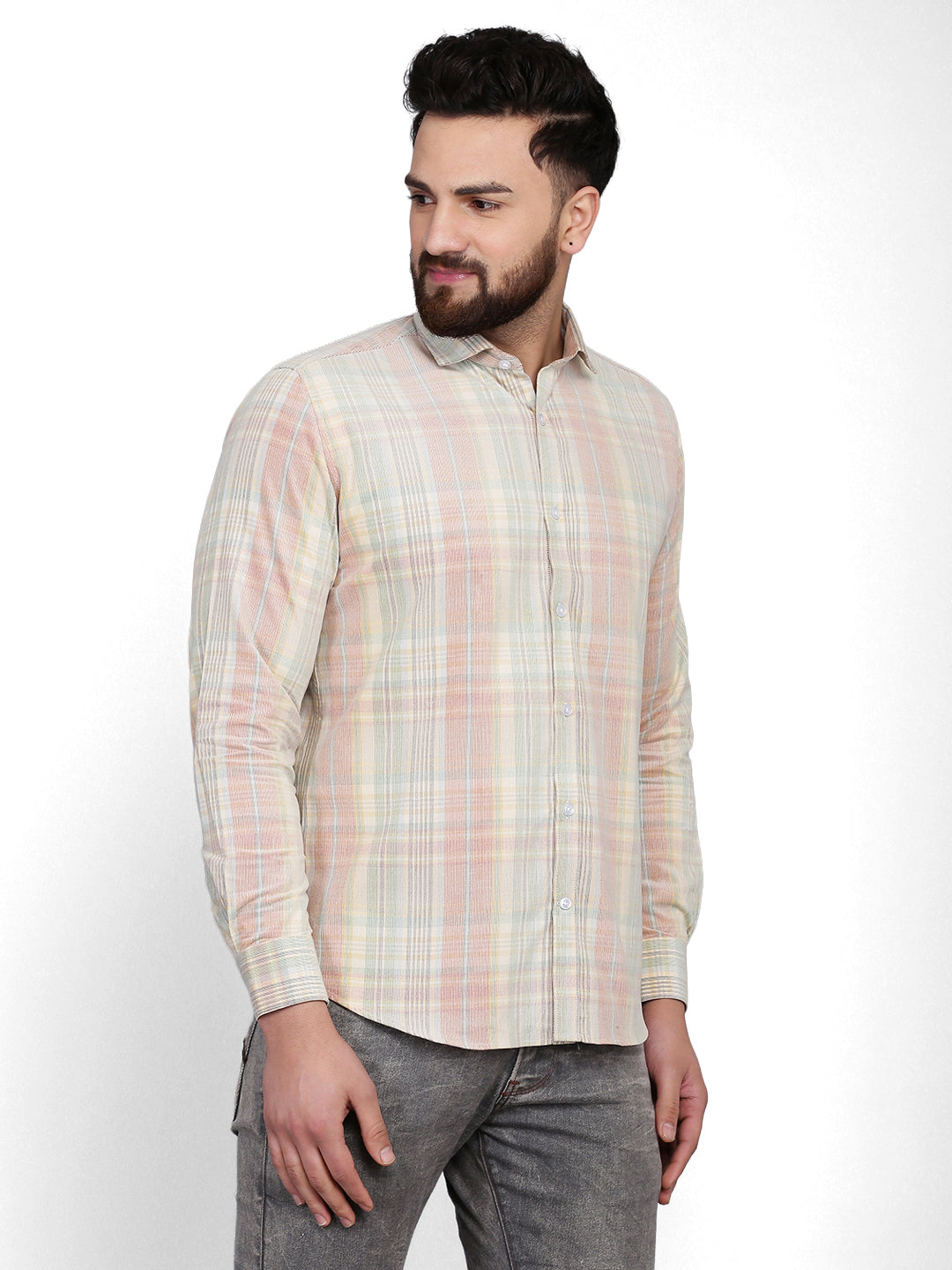 Men Maroon & beige regular fit Corduroy Checkered Casual Shirt