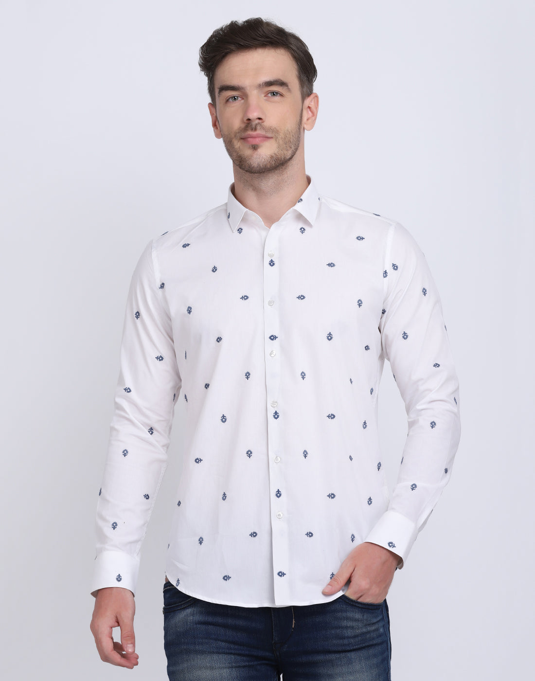 White with Navy Boota Emb. shirt