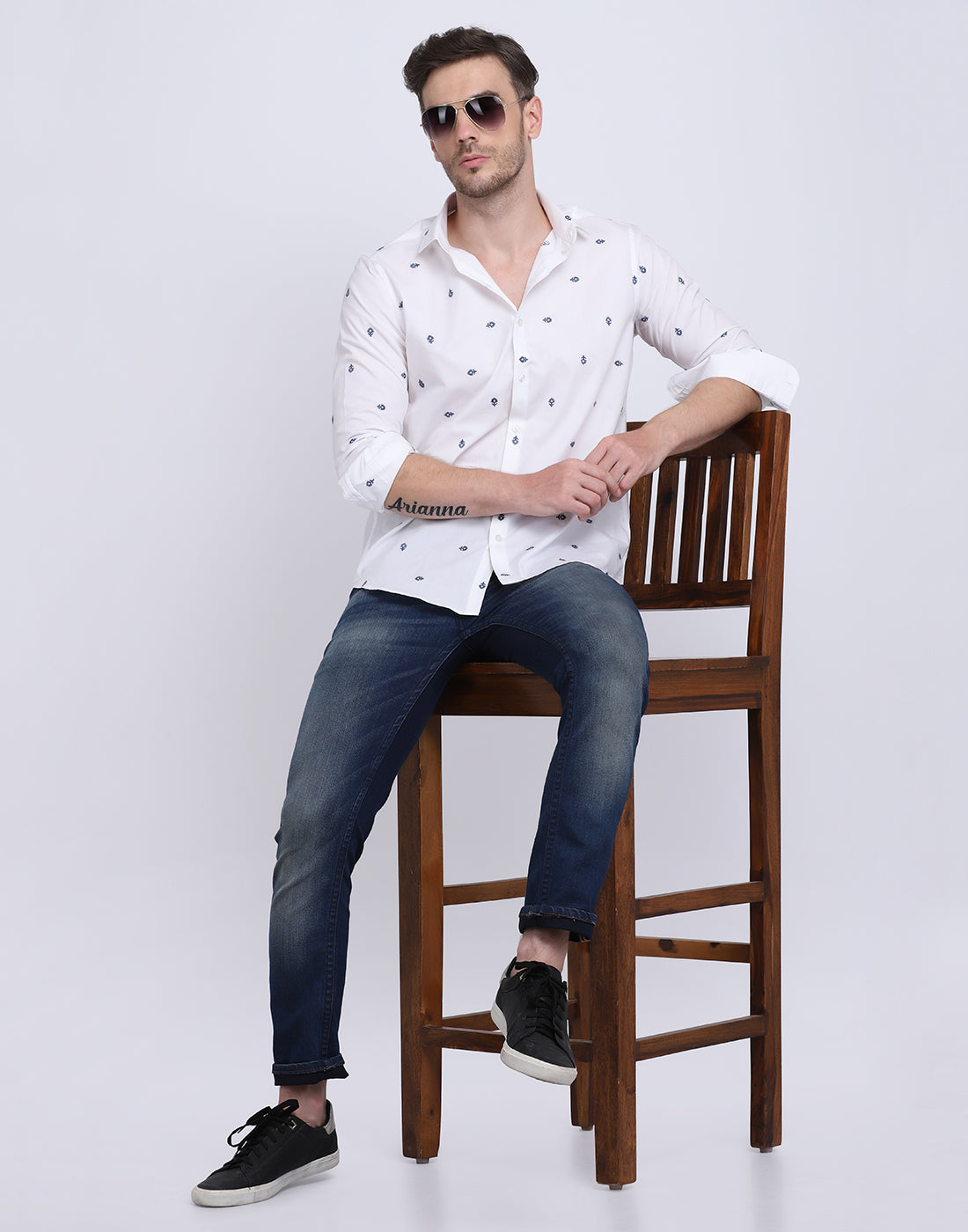 White with Navy Boota Emb. shirt