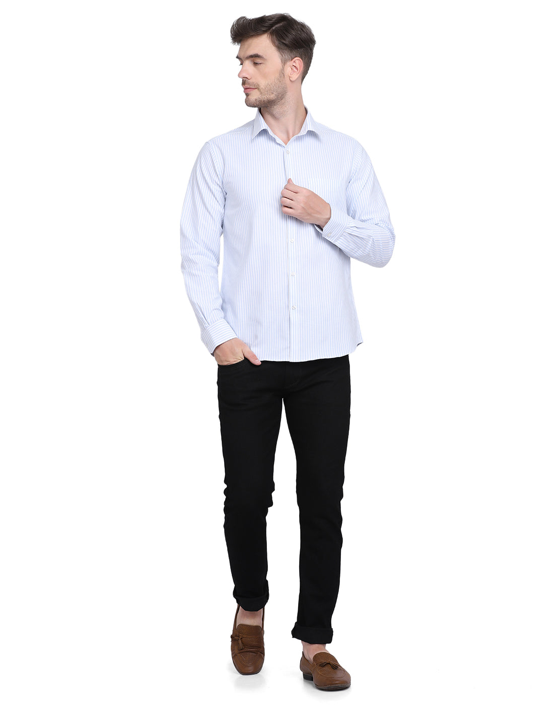 Cotton oxford Casual blue & white striped Shirt