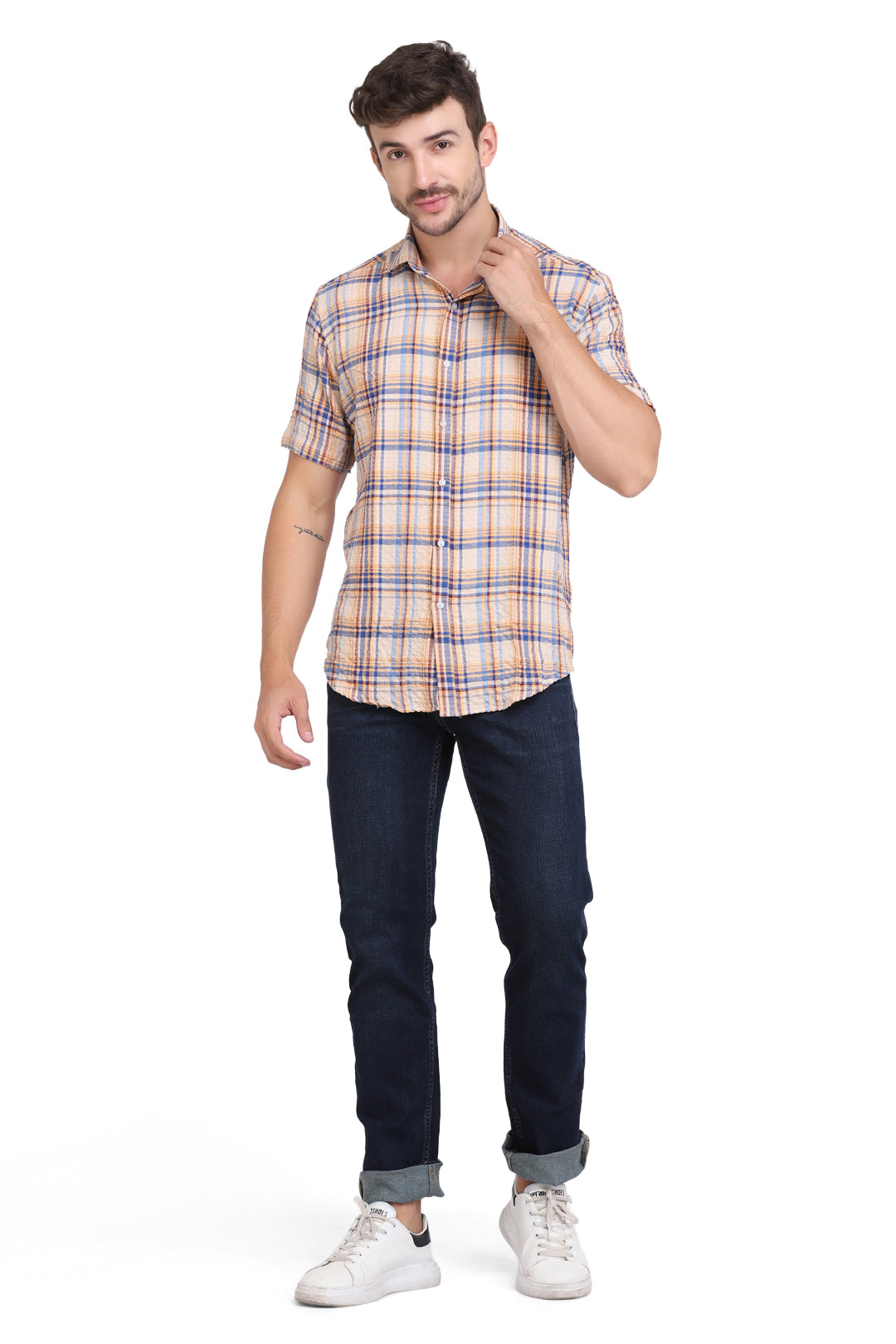 Beige Checkered Seersucker slim fit shirt