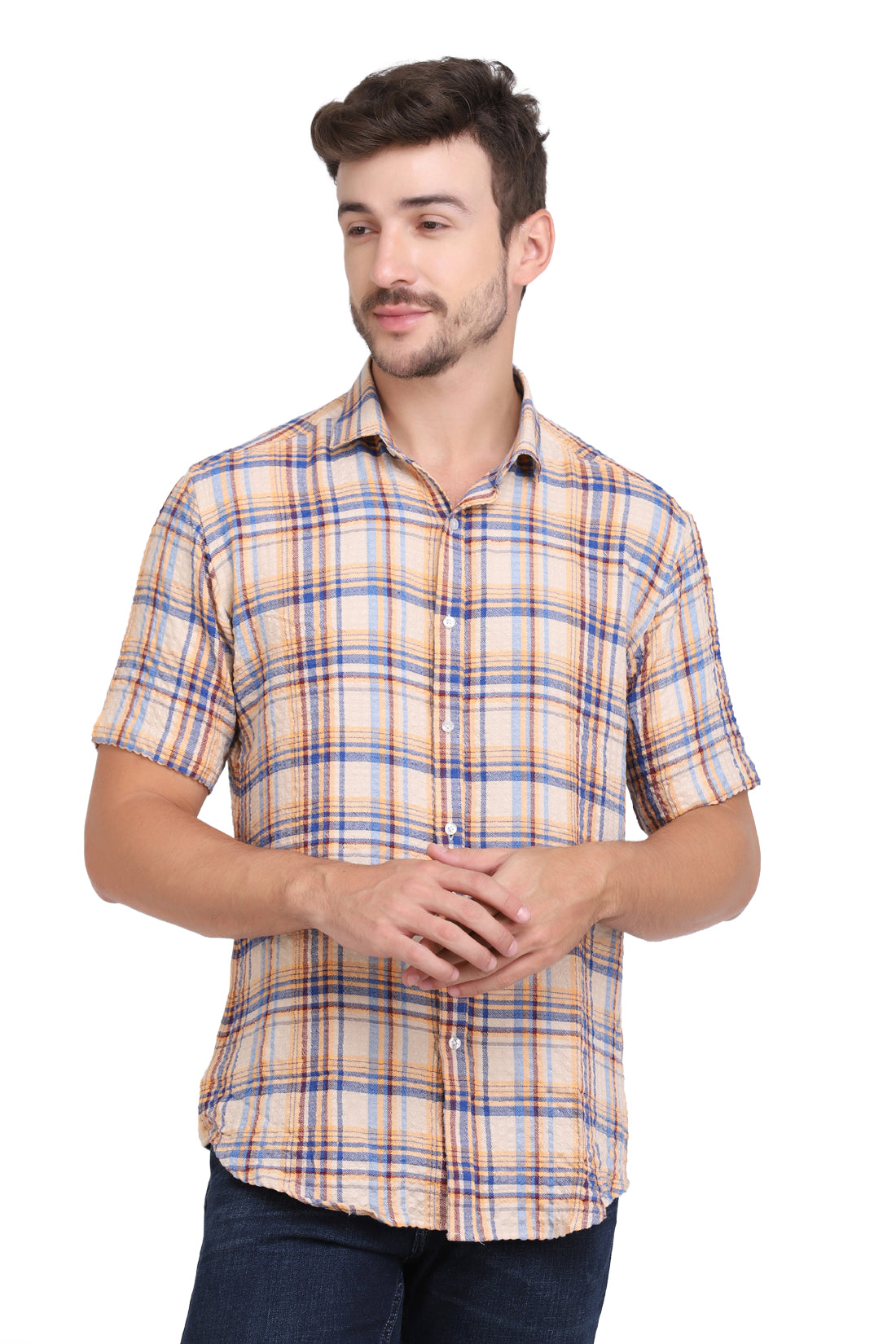 Beige Checkered Seersucker slim fit shirt