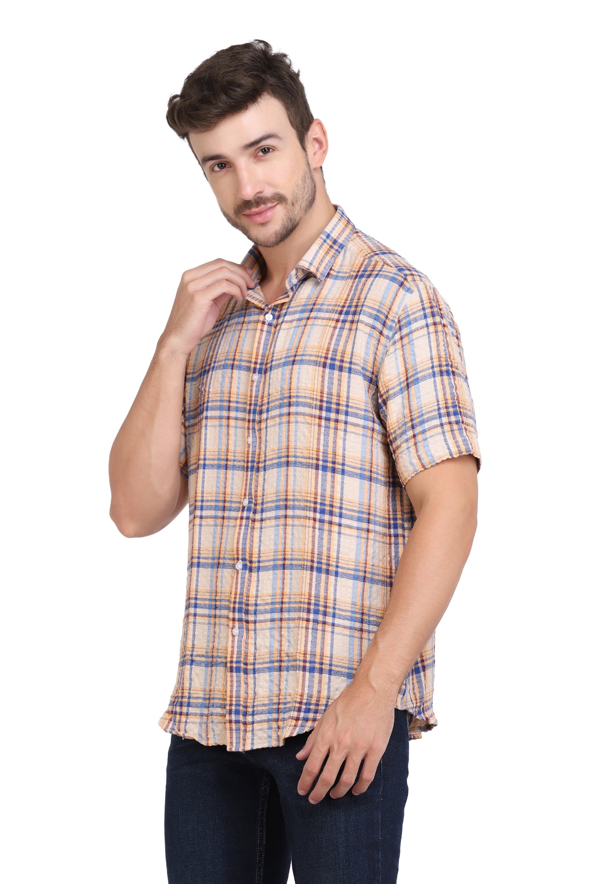 Beige Checkered Seersucker slim fit shirt