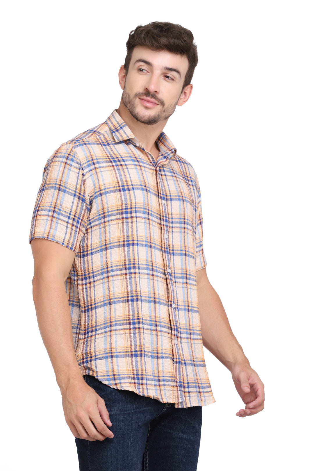 Beige Checkered Seersucker slim fit shirt