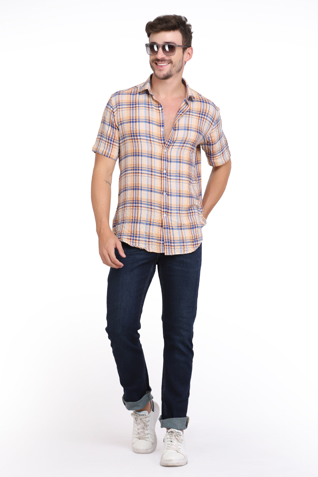 Beige Checkered Seersucker slim fit shirt
