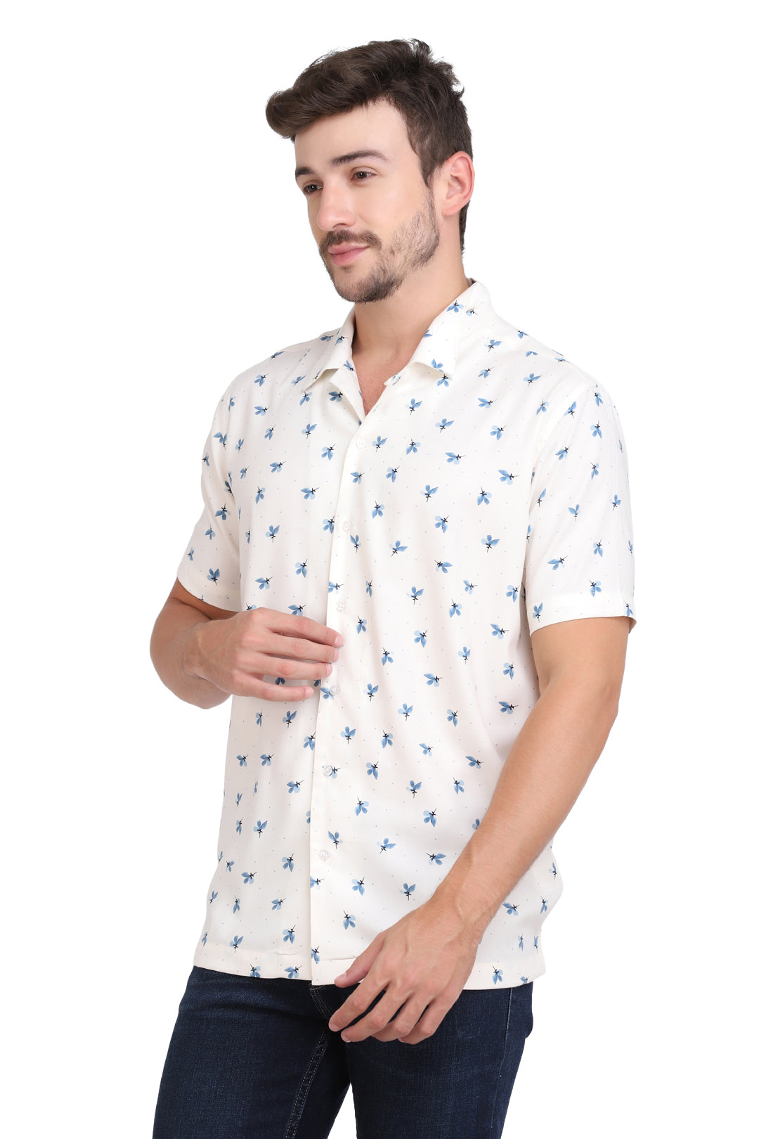 Blue & White floral printed Rayon shirt