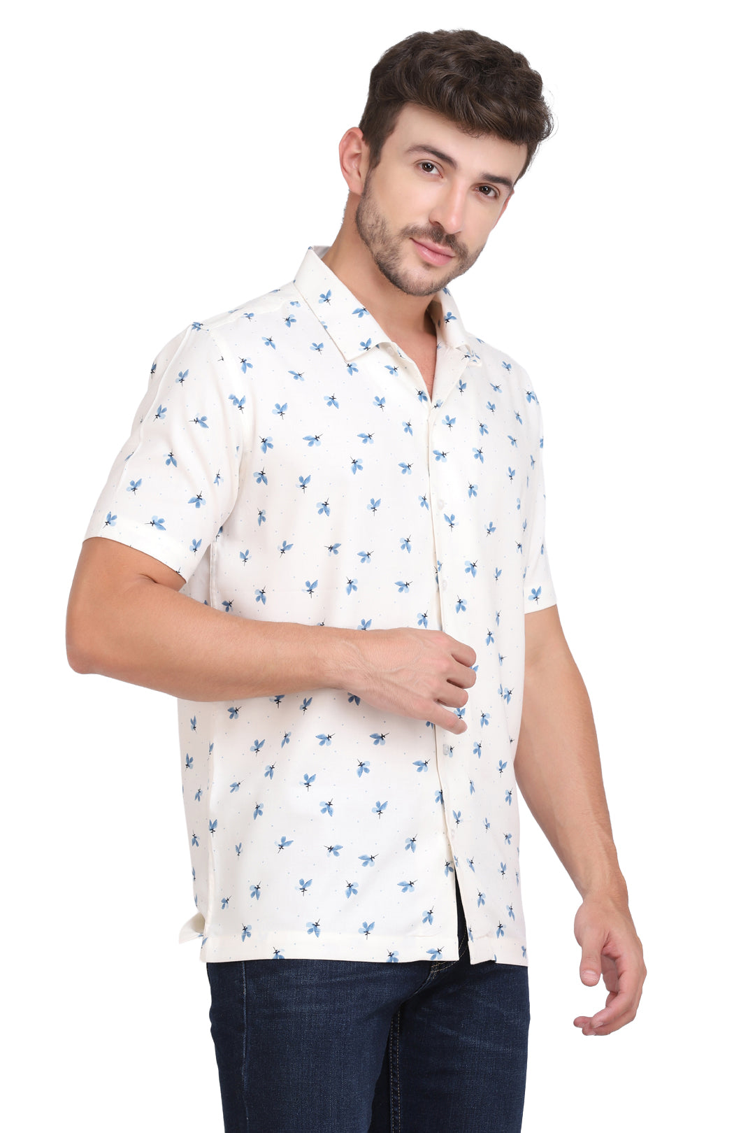 Blue & White floral printed Rayon shirt