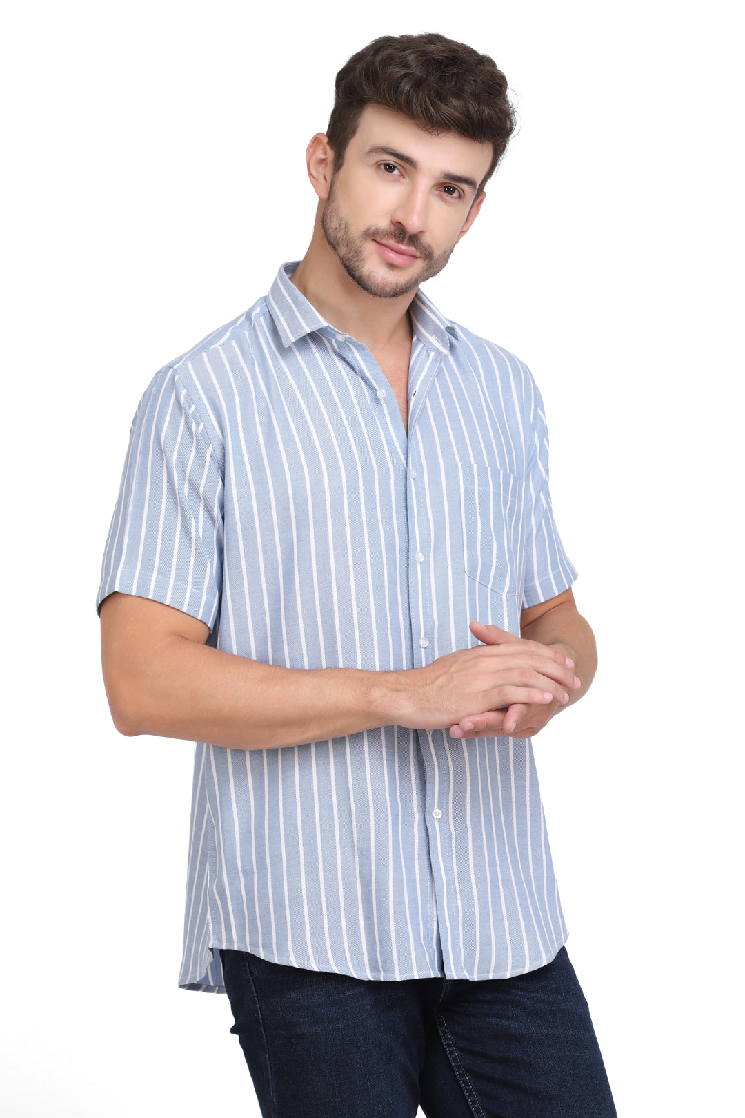 Blue & white vertical Striped Rayon shirt