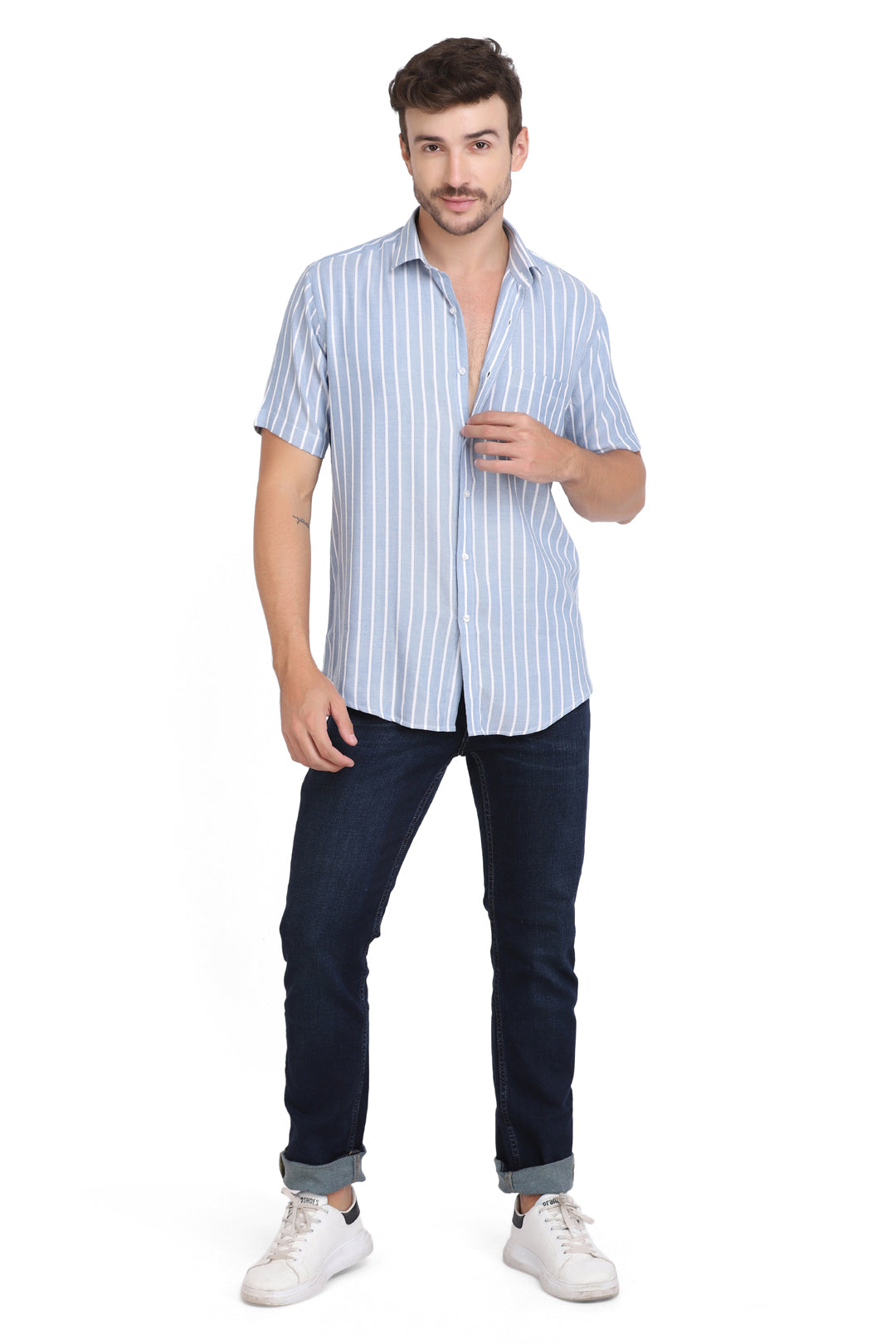 Blue & white vertical Striped Rayon shirt