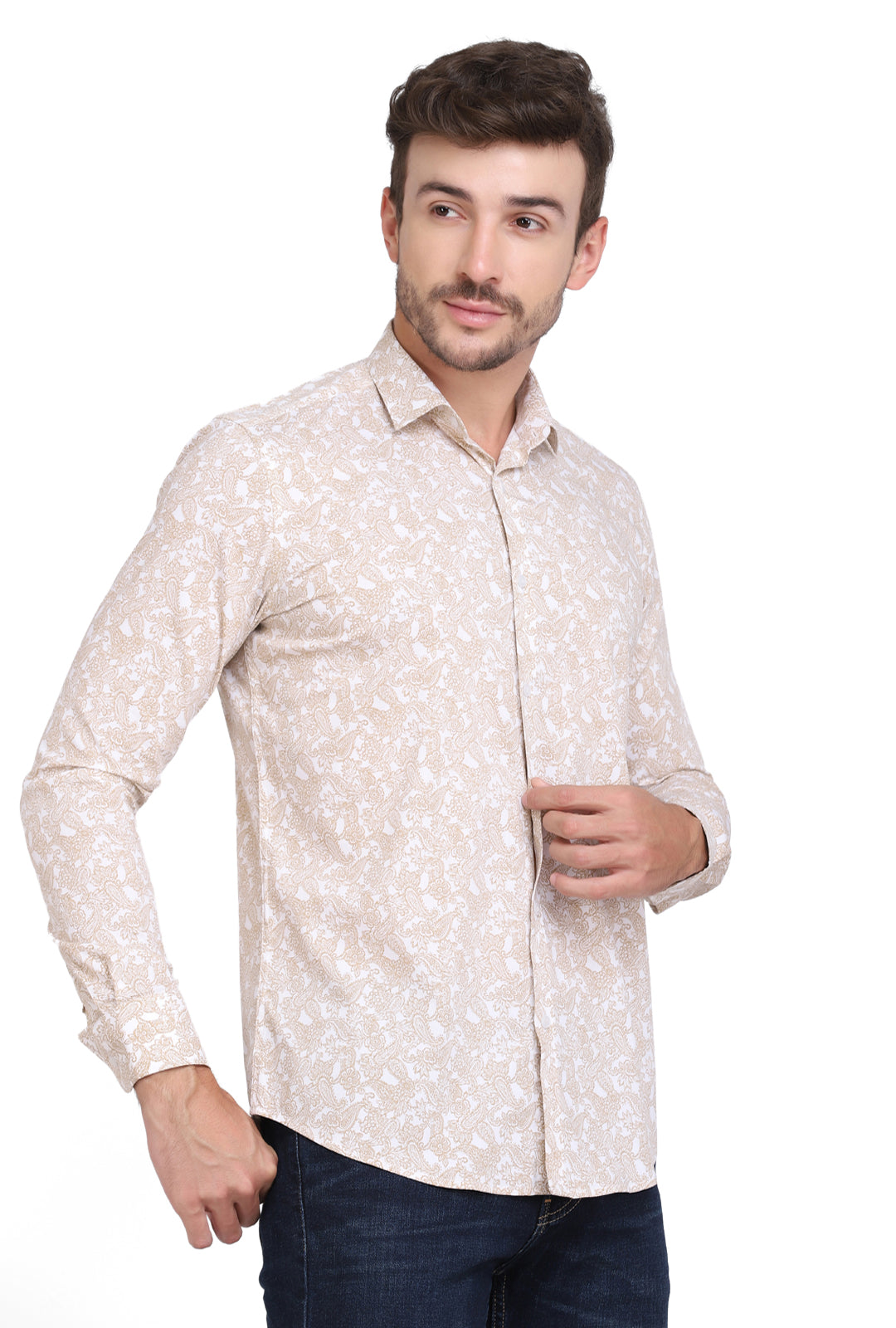 Gold & white ethnic Paisley Print cotton shirt
