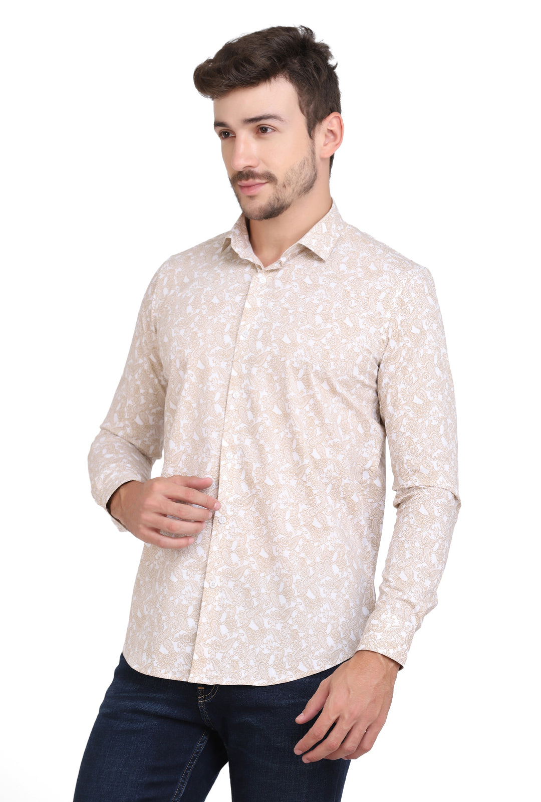 Gold & white ethnic Paisley Print cotton shirt