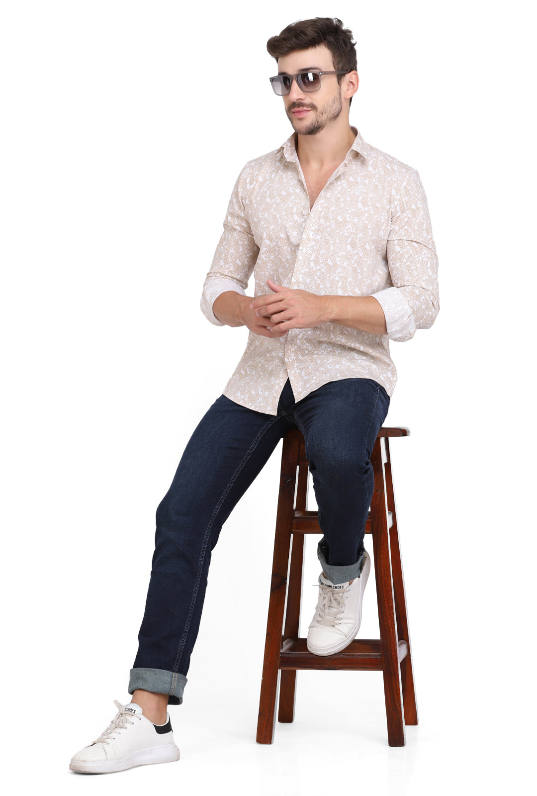 Gold & white ethnic Paisley Print cotton shirt