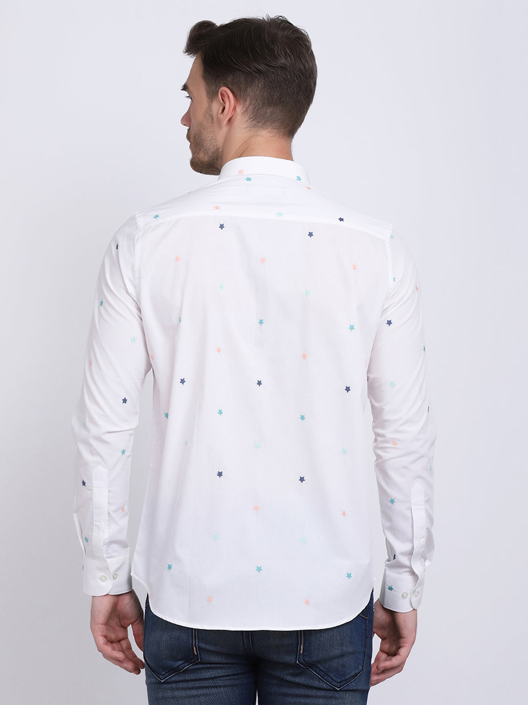 White with Multi Star embroidered Regular Fit Casual/Party Wear Shirt