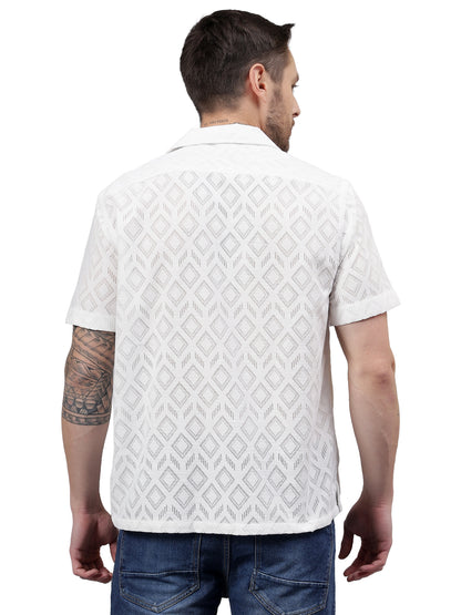 Geo Allover Half Sleeve White Trending  Men's Wear Casual Shirt
