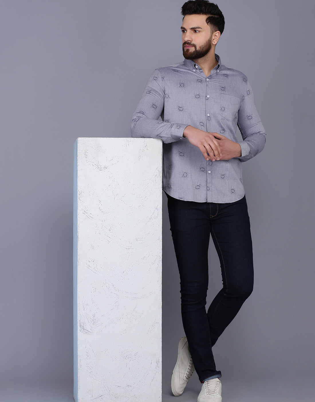 Grey Printed Chambray Formal Shirt