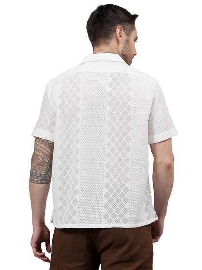 Geo Lace Half Sleeve White Trending  Men's Wear Casual Shirt