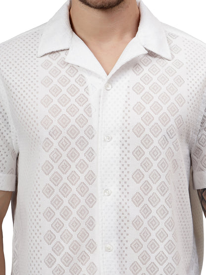 Geo Lace Half Sleeve White Trending  Men's Wear Casual Shirt