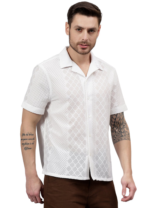 Geo Lace Half Sleeve White Trending  Men's Wear Casual Shirt