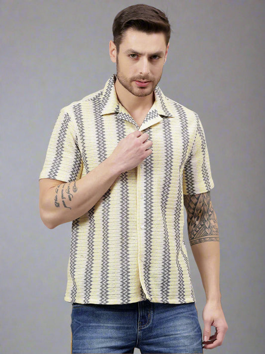 Cotton Crochet Half Sleeve Muliticolor Zig Zag Trending  Men's Wear Casual Shirt