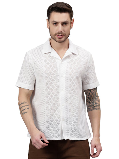 Geo Lace Half Sleeve White Trending  Men's Wear Casual Shirt