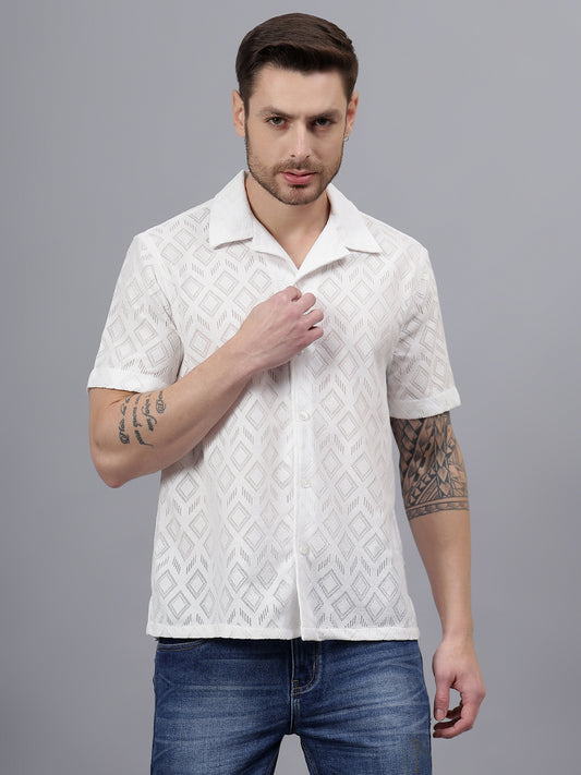 Geo Allover Half Sleeve White Trending  Men's Wear casual Shirt