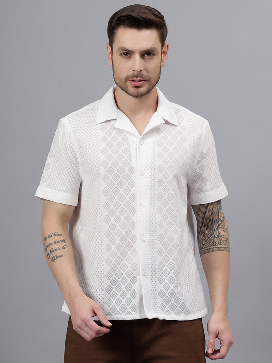Geo Lace Half Sleeve White Trending  Men's Wear Casual Shirt