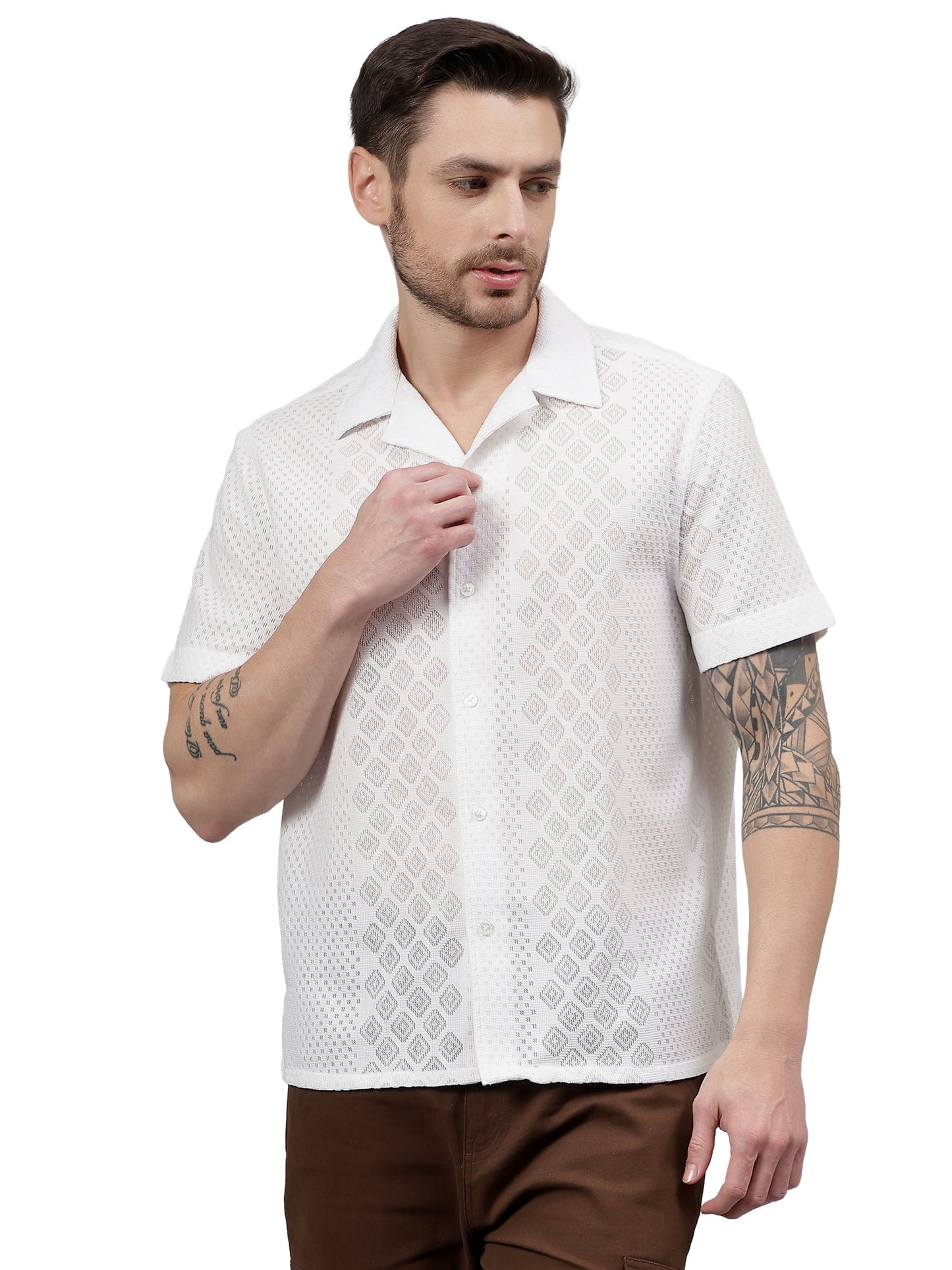 Geo Lace Half Sleeve White Trending  Men's Wear Casual Shirt