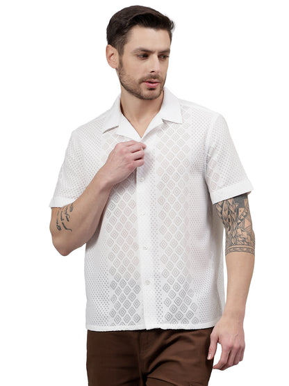 Geo Lace Half Sleeve White Trending  Men's Wear Casual Shirt