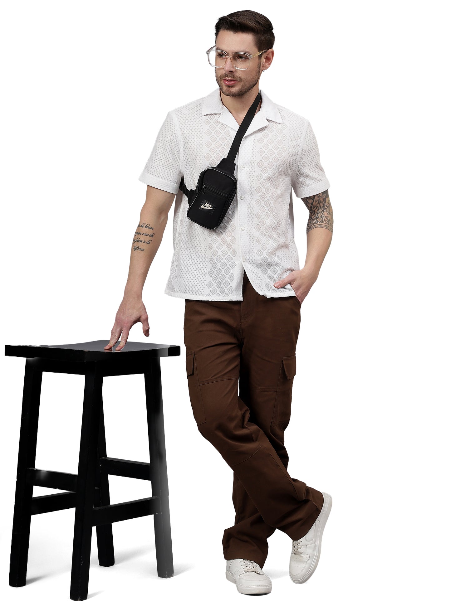 Geo Lace Half Sleeve White Trending  Men's Wear Casual Shirt