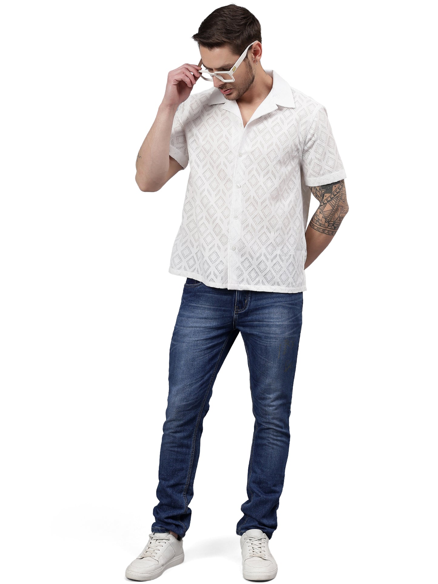Geo Allover Half Sleeve White Trending  Men's Wear Casual Shirt