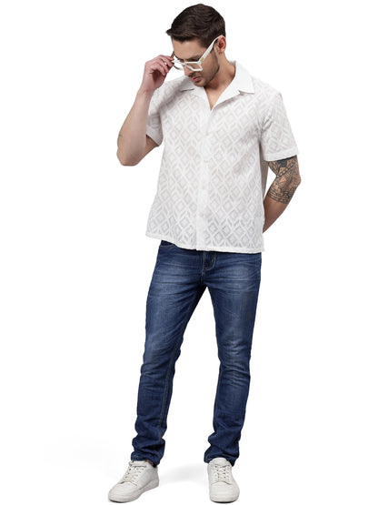 Geo Allover Half Sleeve White Trending  Men's Wear Casual Shirt