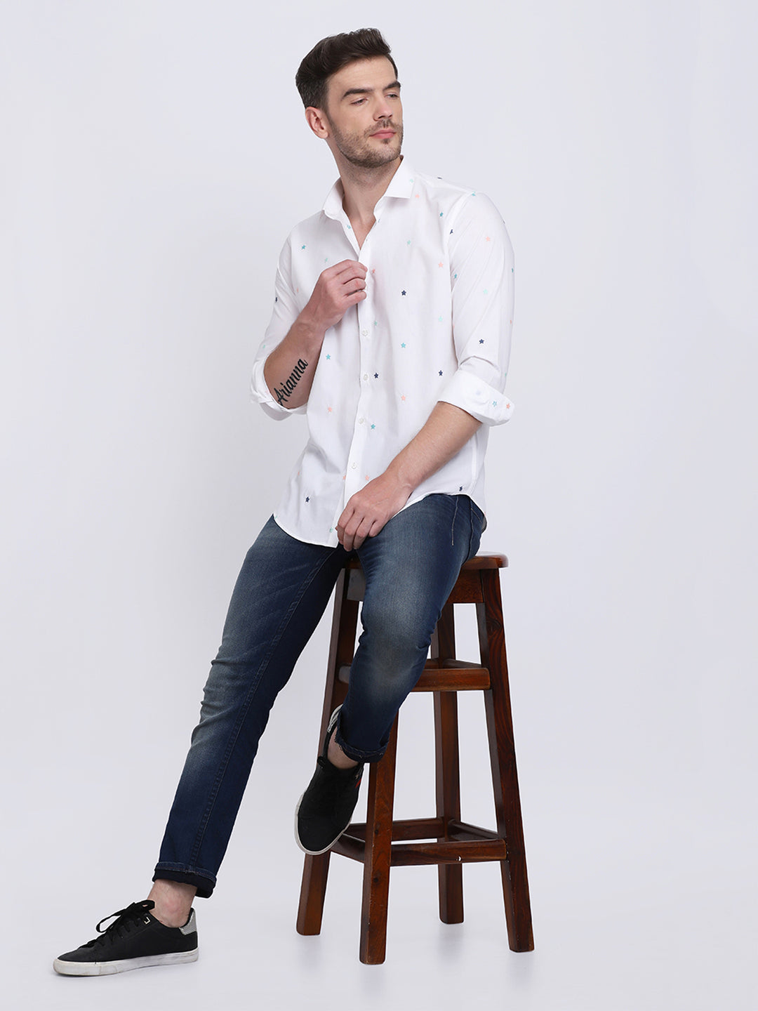 White with Multi Star embroidered Regular Fit  Casual/Party Wear Shirt