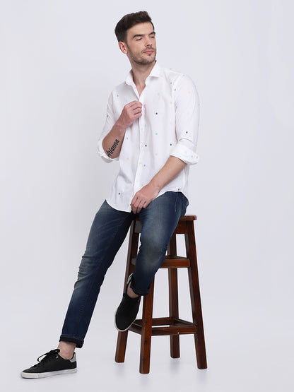 White with Multi Star embroidered Regular Fit  Casual/Party Wear Shirt