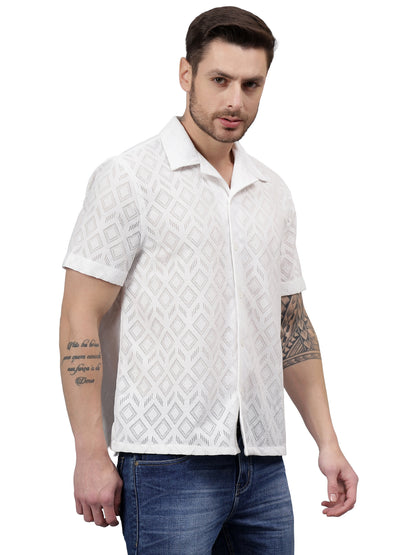 Geo Allover Half Sleeve White Trending  Men's Wear Casual Shirt